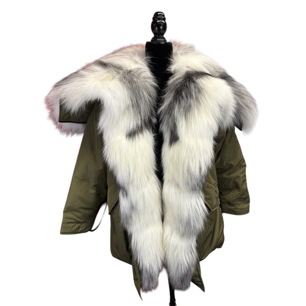 Saga Furs Green Parka Real Fox Fur Trim Down Coat Luxury Winter Jacket S